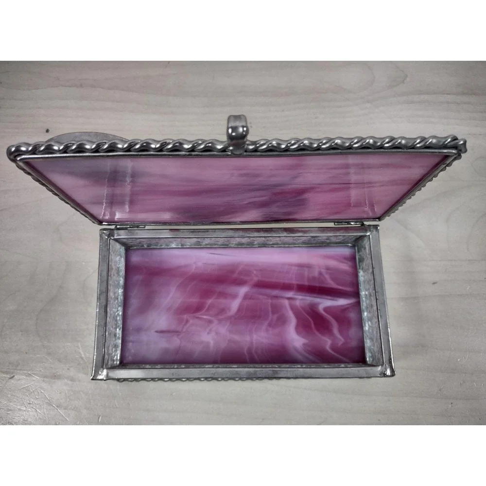 Vtg Stained Pink Slag Glass Jewelry Storage Box Red Roses 3D Lid